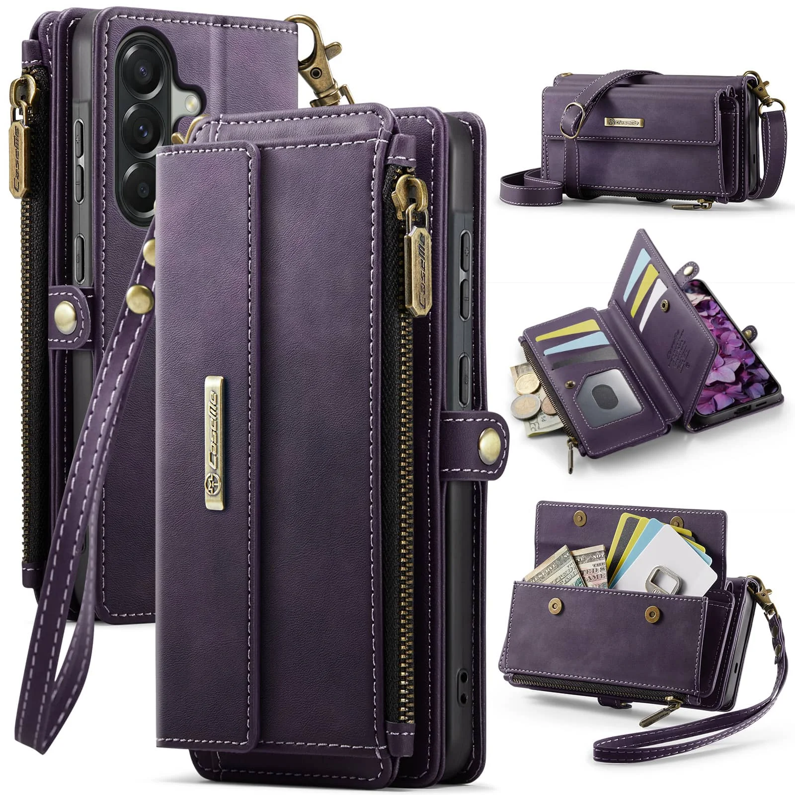 For Samsung Galaxy A57 Wallet Case PU Leather Flip Cover RFID Blocking Zipper Card Holder Slots Kickstand Wrist Strap Case