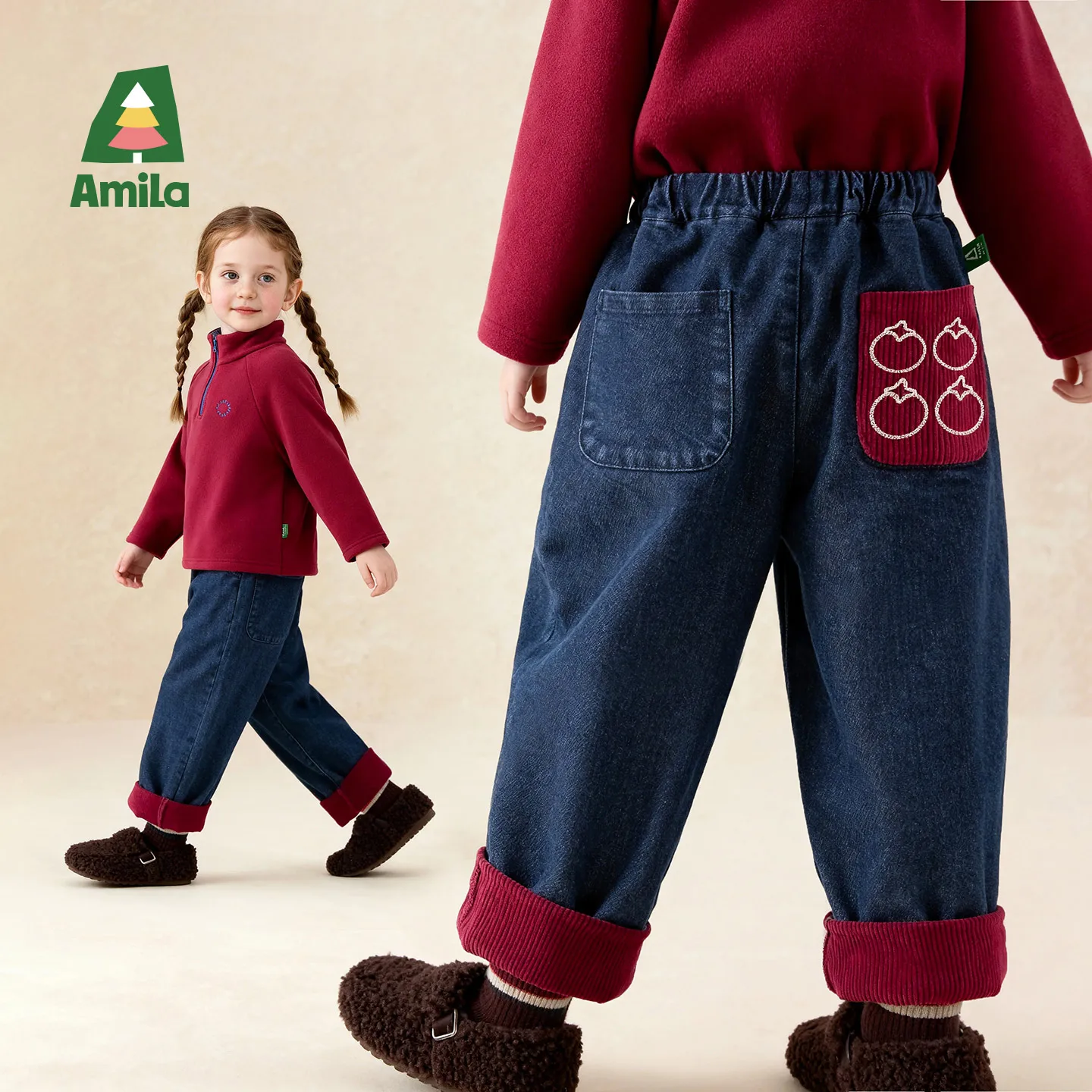 

Детские зимние джинсовые плюшевые повседневные брюки Amila, красные вязаные штаны с манжетами и фруктовым узором, задняя сумка, модная и милая