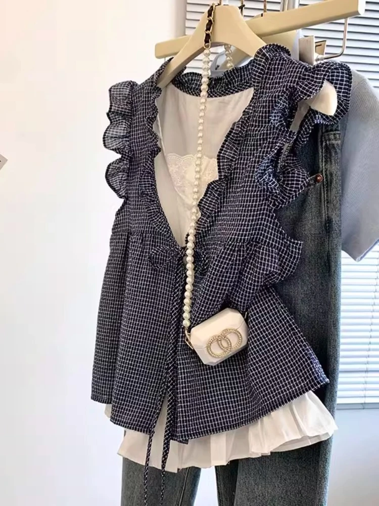 

Fashion Vintage Blouses Fake Two Piece Plaid Ruffles Lace-up Sleeveless Shirts Summer All Match Casual Loose 2025 Women Clothing