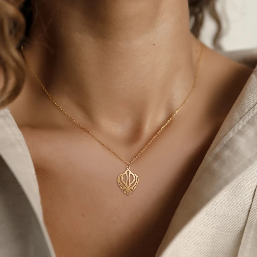 Stainless Steel Hollow Out Khanda Gold Plated Pendant Necklace For Women