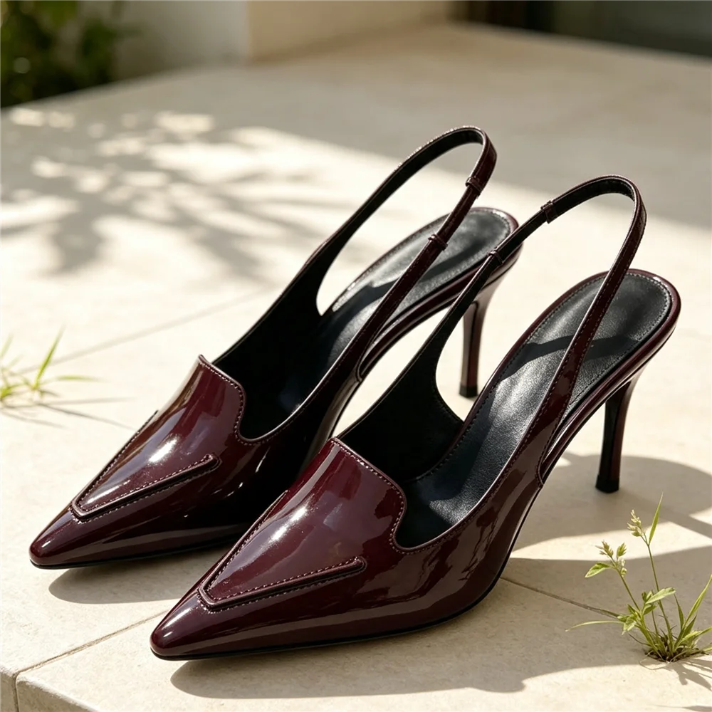 Women Burgundy Patent Leather Slingback Heels Pointed Toe Stiletto Pumps Elegant Back Strap Wedding Party Office Dress Shoes
