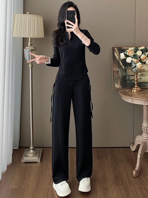 

Стильный спортивный костюм для женщин: облегающий черный топ с длинным рукавом и широкие брюки, комплект из двух предметов, повседневный стиль, осенние новинки