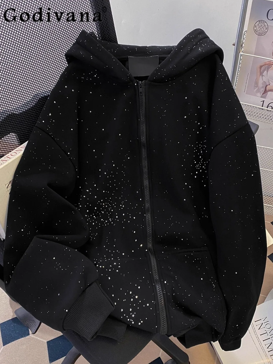 

American Heavy Industry Rhinestone Cardigan Zipper Sweatshirt Men's Fashion Trendy Handsome Loose Casual Thickened Warm Jacket