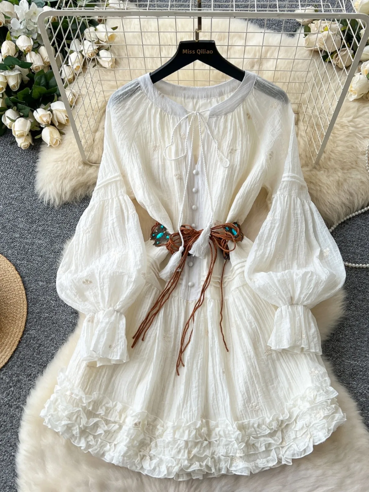 Vaion Sle Femme Dr 2025 Printemps Ceinture Taille Bouton unique Lanterne Sve Ourlet en dentelle Fée Or Jupe Version coréenne...