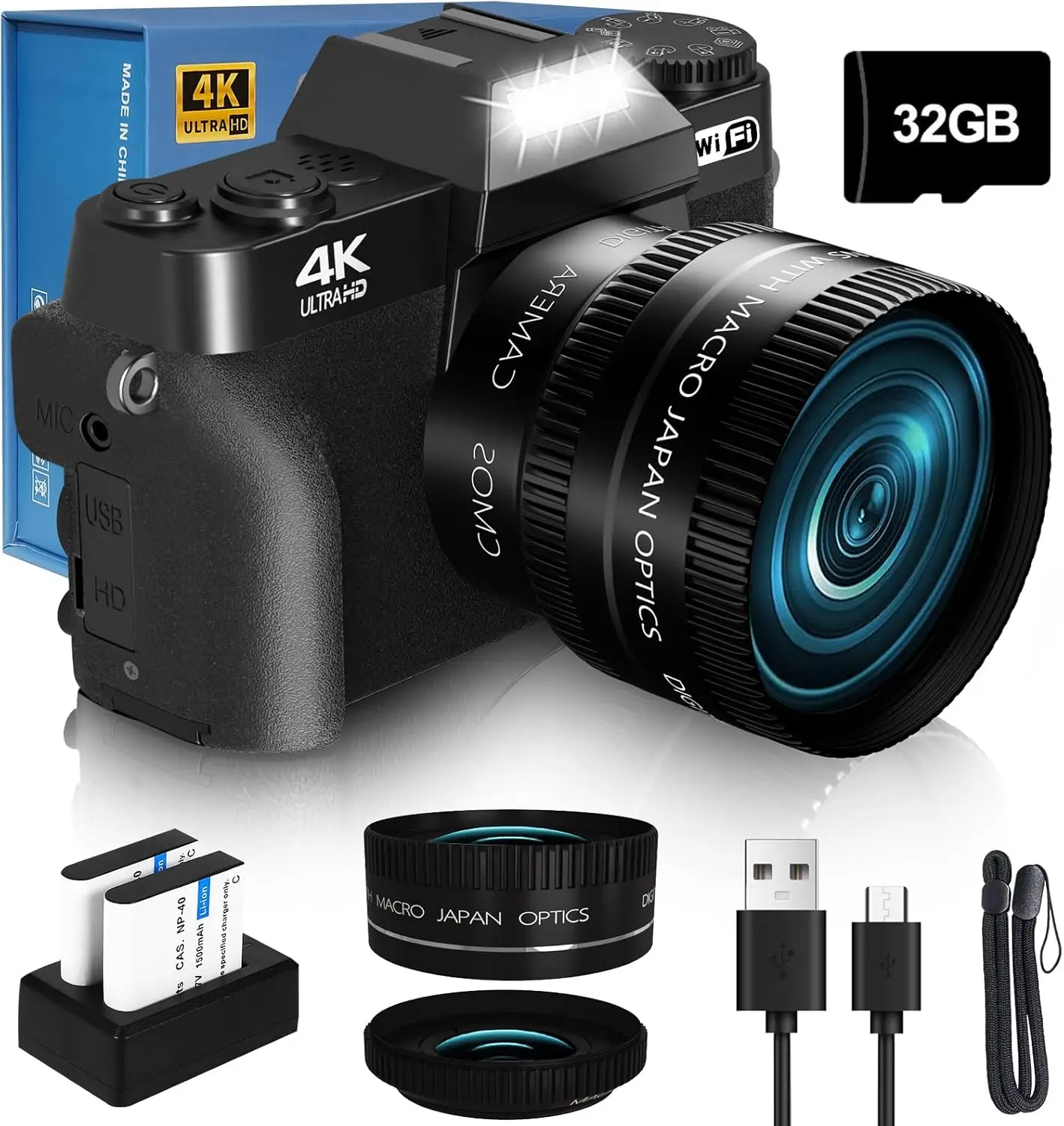 Digital Camera for Vlogging and Photography with WiFi, 180° Flip Screen, 16X Digital Zoom, 52mm Lens, 2 Batteries, 32GB Micro SD Card, Upgraded 2026 Model (Black)