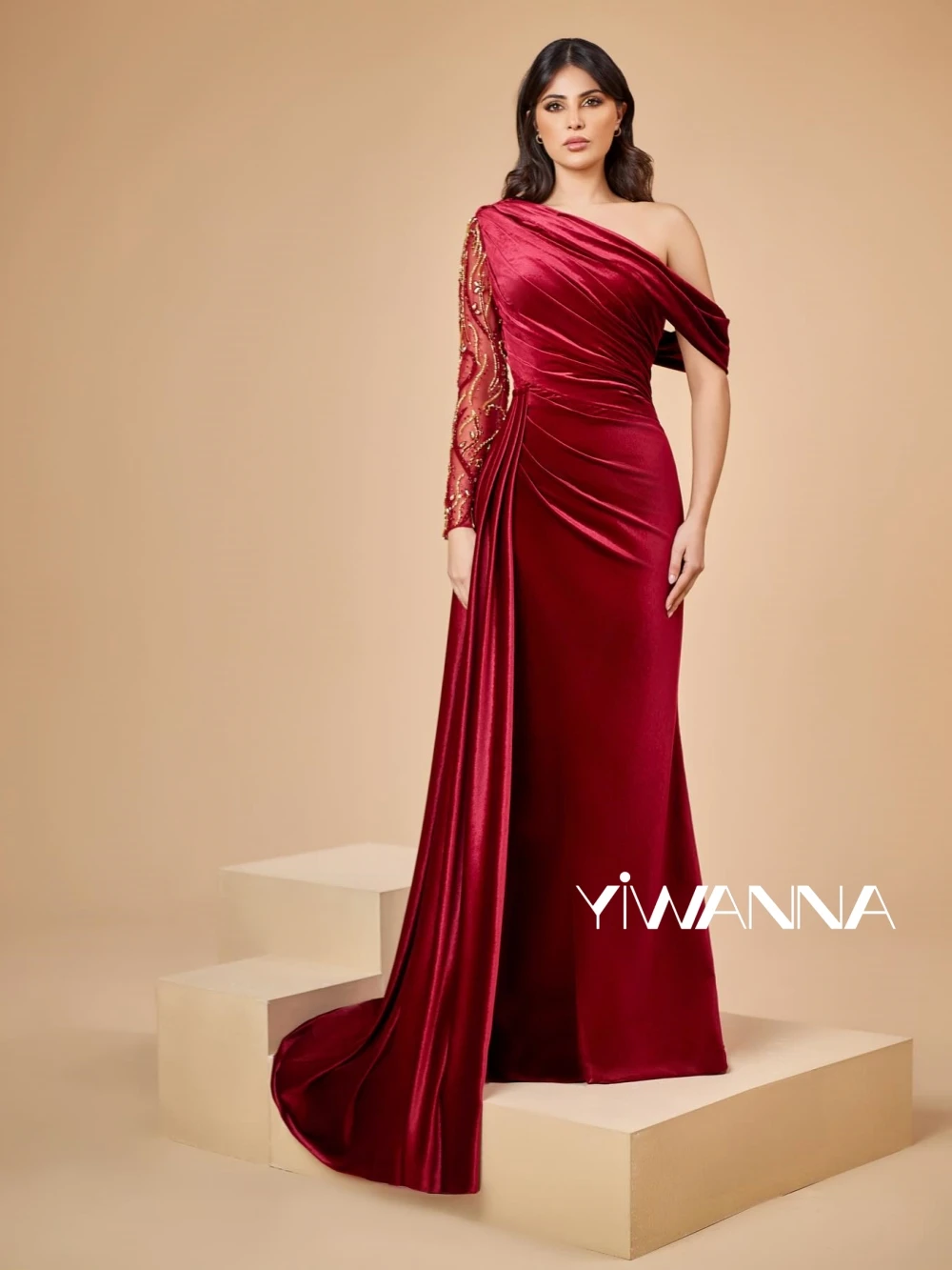 Graciosa sereia de veludo vermelho mãe da noiva vestido para casamento frisado manga longa vestido de noite novo vestido de baile personalizado