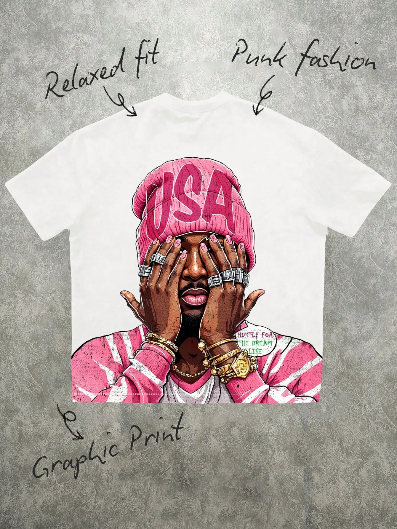 

Relaxed Fit Punk Fashion Graphic T-Shirt with USA Beanie Print for Women, Casual Streetwear