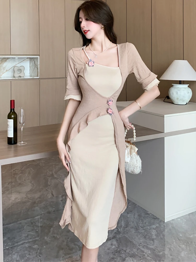 Women Fashion Patchwork Fake Two Piece Midi Dress Summer Short Sleeve Square Collar Ruffled Dress 2024 Korean Elegant Prom Dress