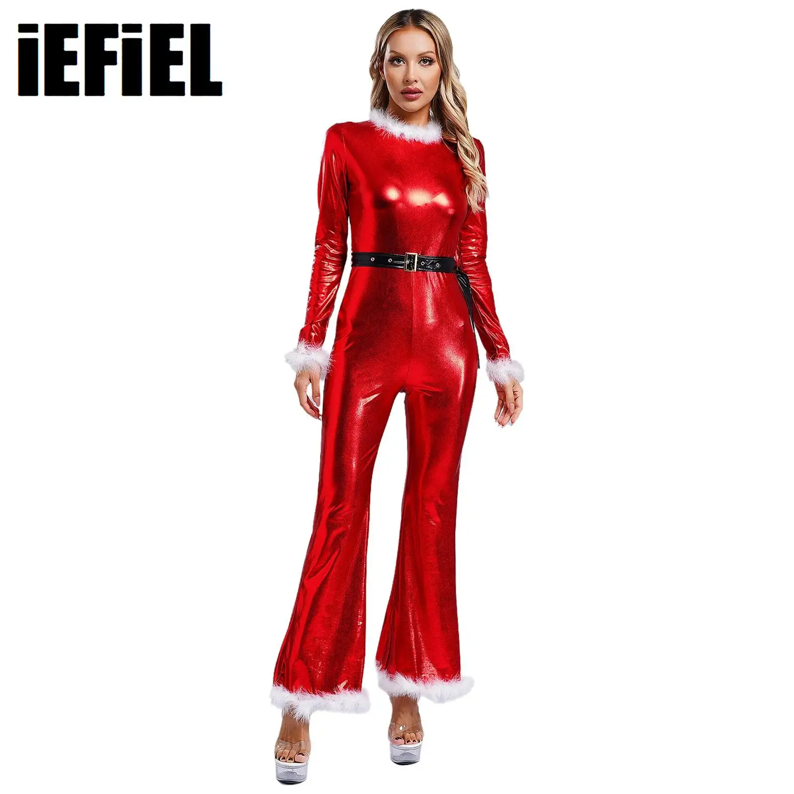 

Womens Christmas Rompers with Belt Metallic Shiny Long Sleeve Wide Leg Pants Fuzzy Feather Trim Jumpsuit Mrs Santa Claus Costume