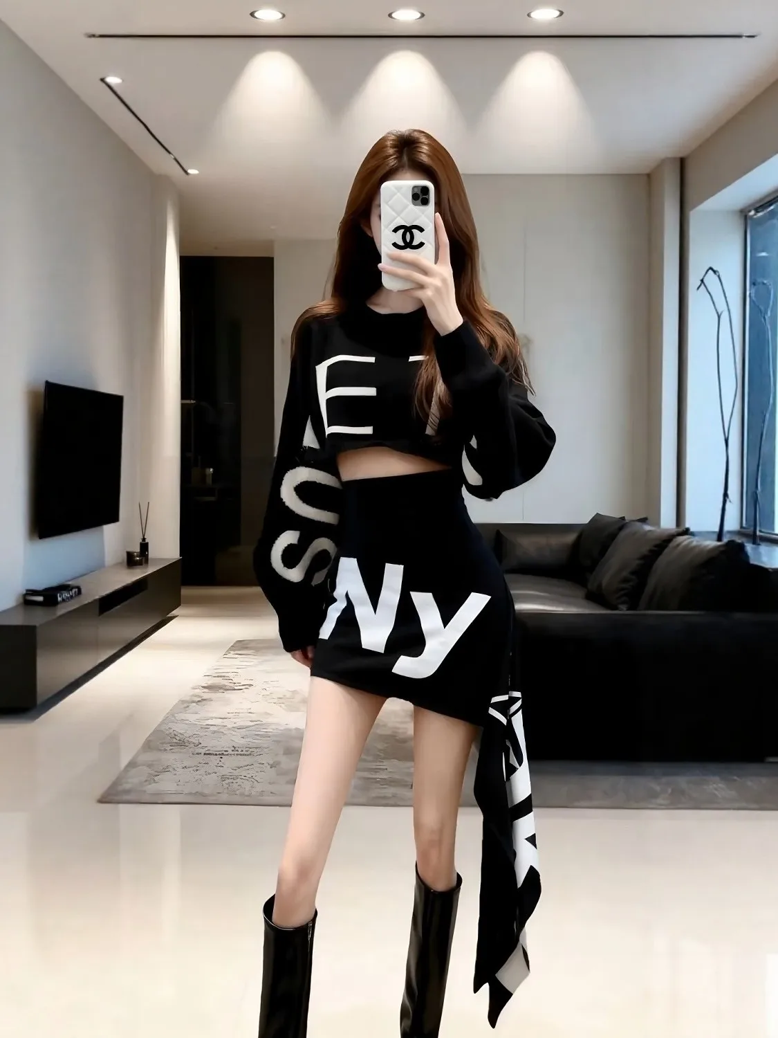 American Style Hot Girl Black Letter Print Set Spring Belly Button Short Knitted Shirt Asymmetrical  Skirt Two Piece Set