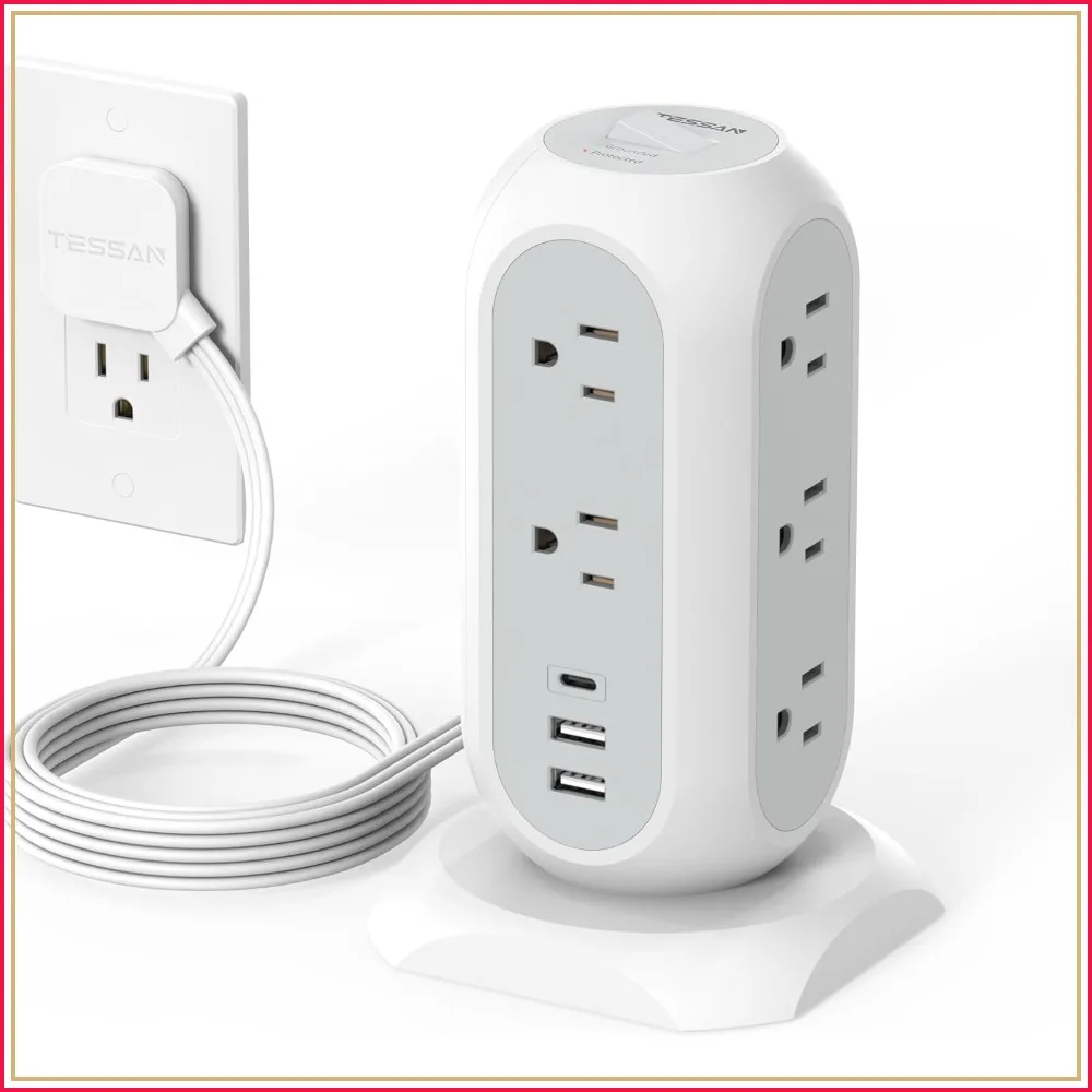 

Tower Power Strip Flat Plug with 11 Outlets 3 USB (1 USB C), Surge Protector 1625W/13A, 1050J, 6ft Extension Cord, Office Desk Essentials