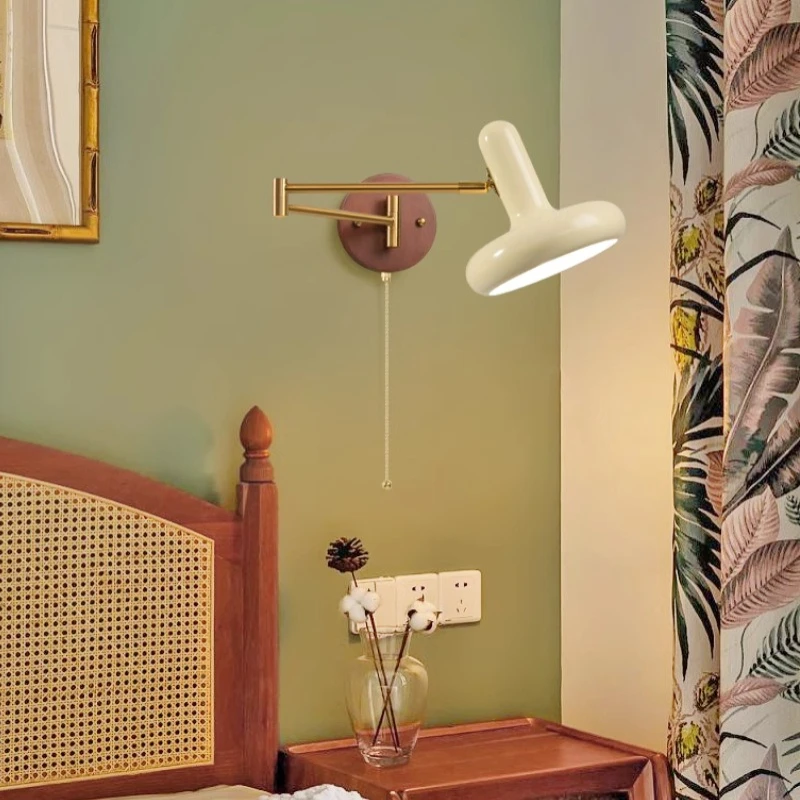 Modern Simple Rotatable Wall Lamp Long Swing Arm LED Wall Lights Foyer Bedroom Hotel Wood Pull Chain Switch Vanity Light