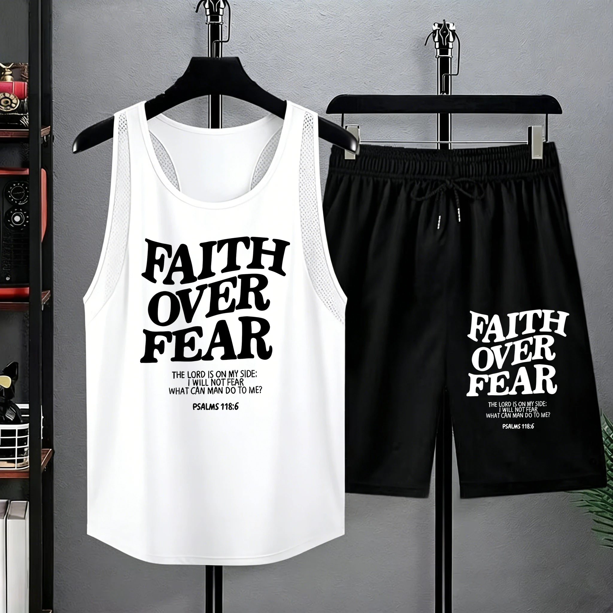 

Faith Over Fear Slogan Design Man Summer Fitness Quick Dry Vest Set Pocket Beach Shorts Sport Classic Sportswears Fashion Pants