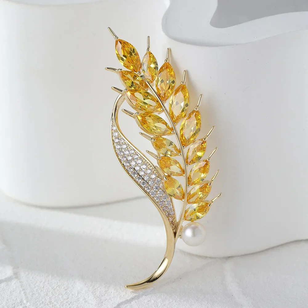 Autumn Yellow Crystal Wheat Ear Brooch Pins for Women Trendy Luxury Metal Pearl Jewelry Wedding Party Gifts Coat Accesories