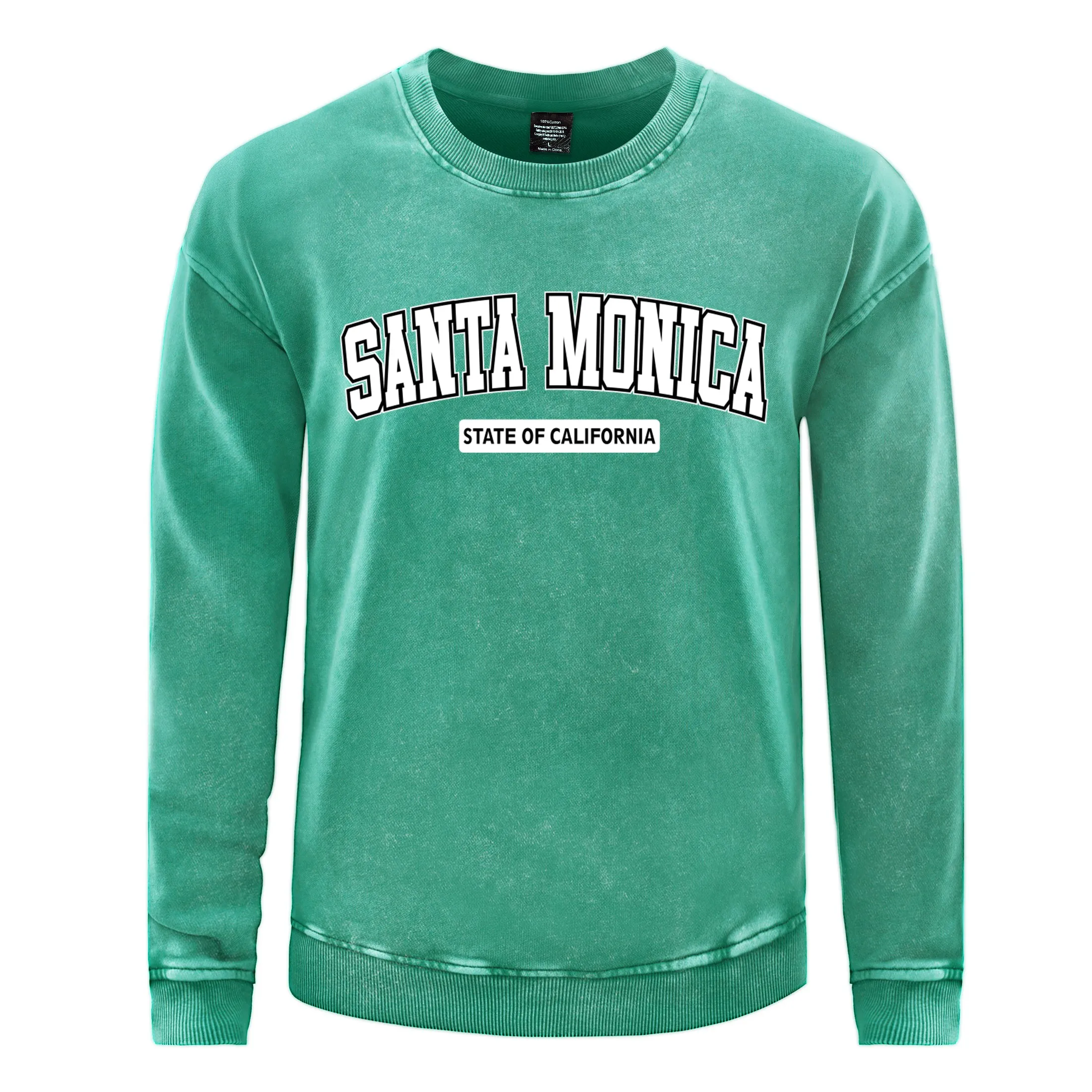 Santa Monica State Of California Men Washed Sweatshirt Oversized Casual Pullover Cotton All-Match Streetwear Warm Clothes