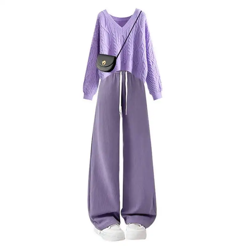 

Комплект из двух предметов: вязаный свитер и повседневные брюки больших размеров для осеннего сезона, с V-образным вырезом, узором «косы», утягивающие, с высокой талией