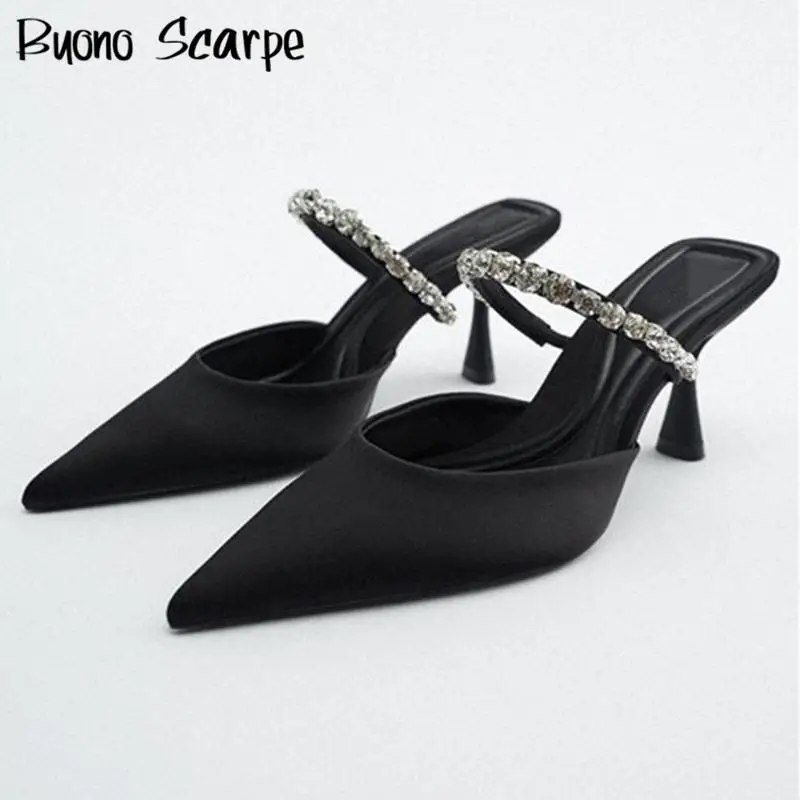 

Sexy Rhinestones High Heel Women's Slippers Fashion Pointed Toe Thin Heel Outdoor Mules Shoes Female All Match Luxury Designers