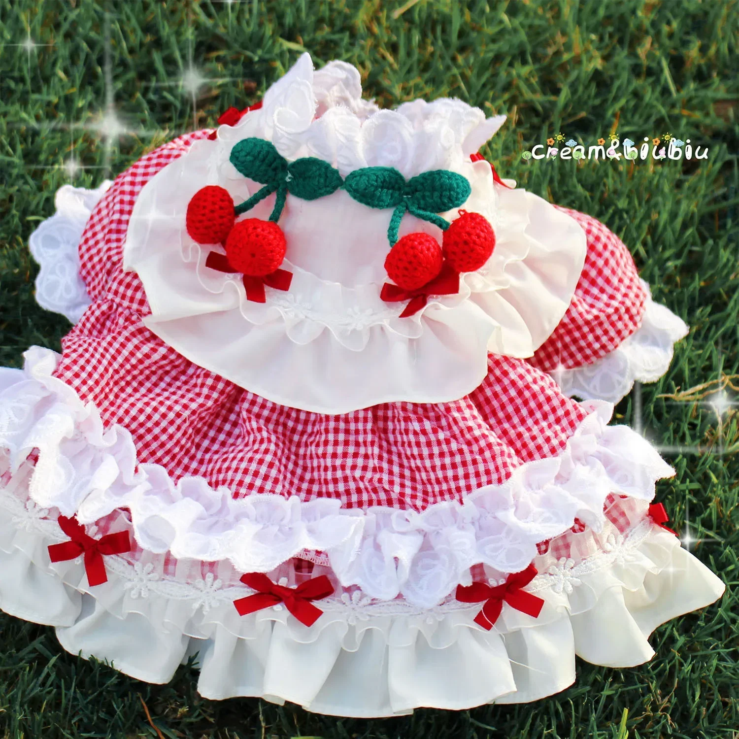 Pet Plaid Cherry Clothes Cat Spring/summer Maid Dress Cherry Red Plaid Dress Teddy Bear Comparison Dog Dresses for Small Dogs