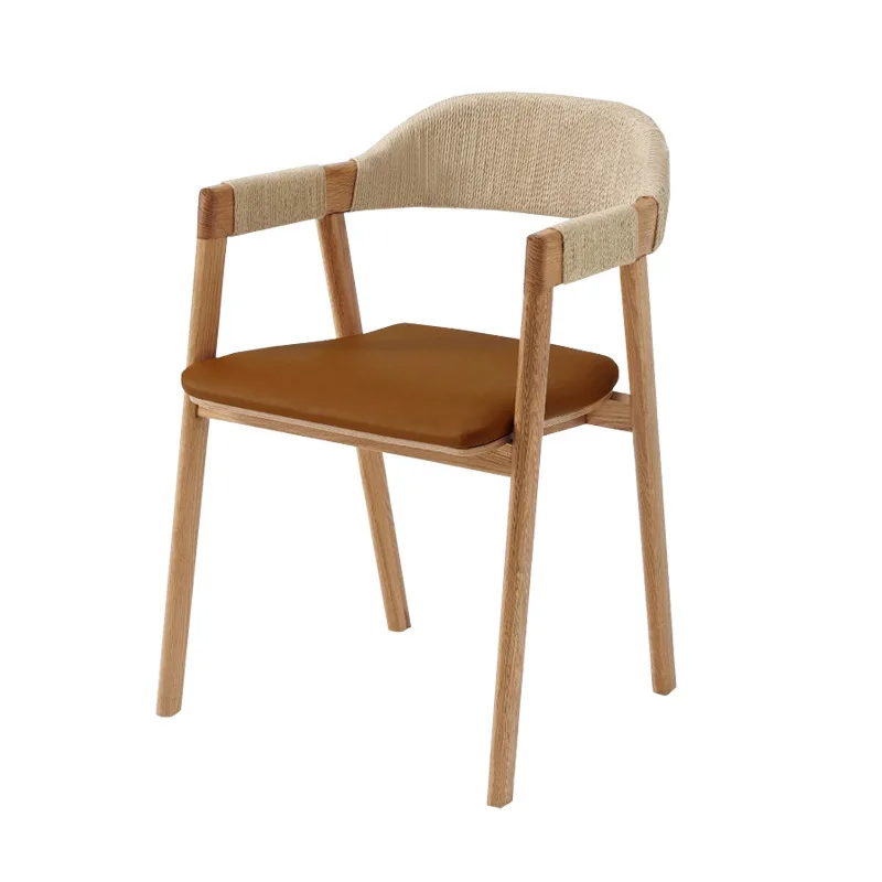 

Wabi Sand Wind Rope Weaving Dining Chair Home Restaurant Dining Chair Homestay Hotel Hotel Soft Bag Seat Cushion Solid Wood Dini