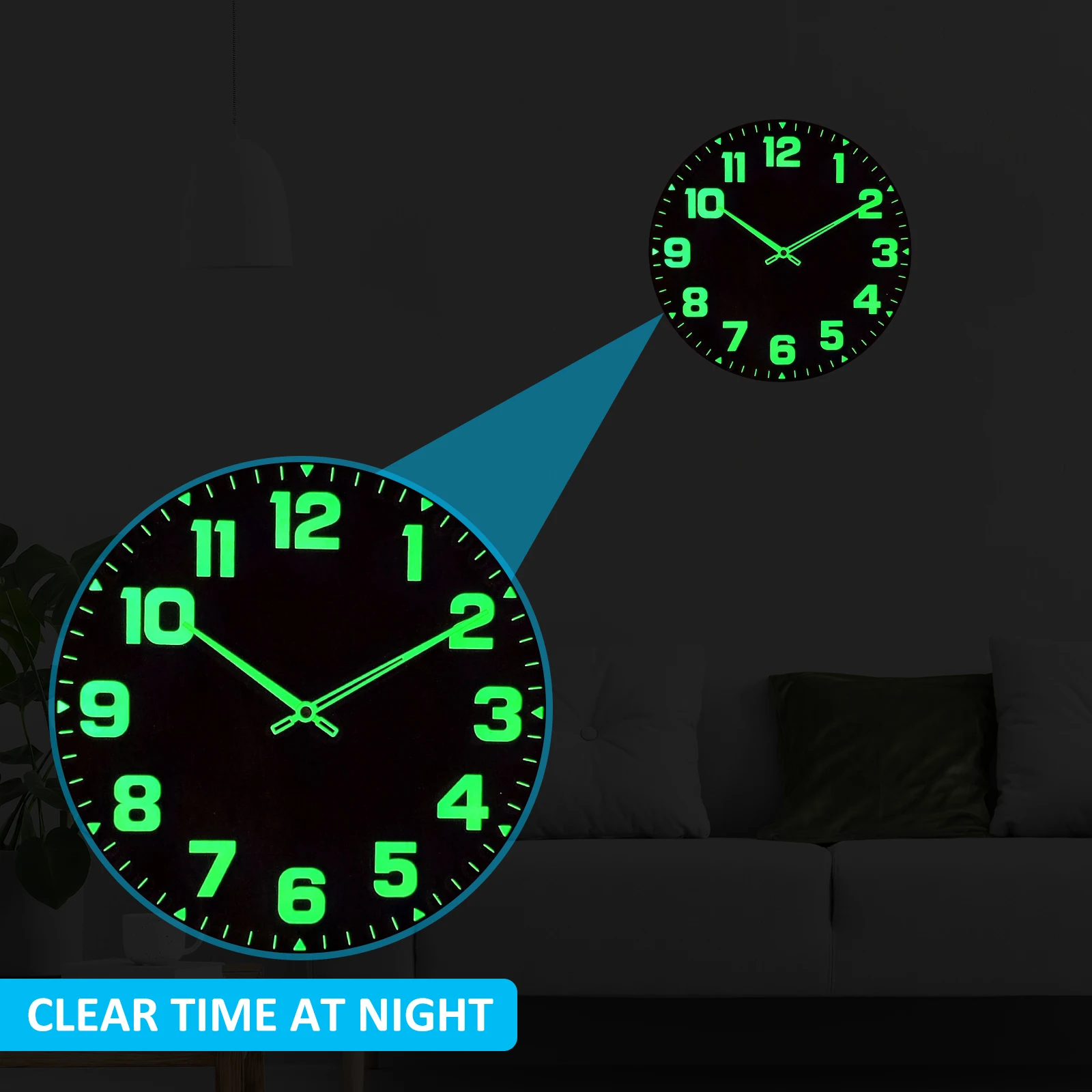 Luminous Wall Clocks Wooden Glow in The Dark Clock 12 inch Silent Non-Ticking Lighted Wall Clock Battery Operated Night Light