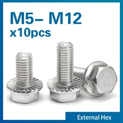 10pcs/lot A2-70 Stainless Steel Hexagon Head with Serrated Flange Cap Screw Hex Washer Head BoltM5 M6 M8 M10 M12