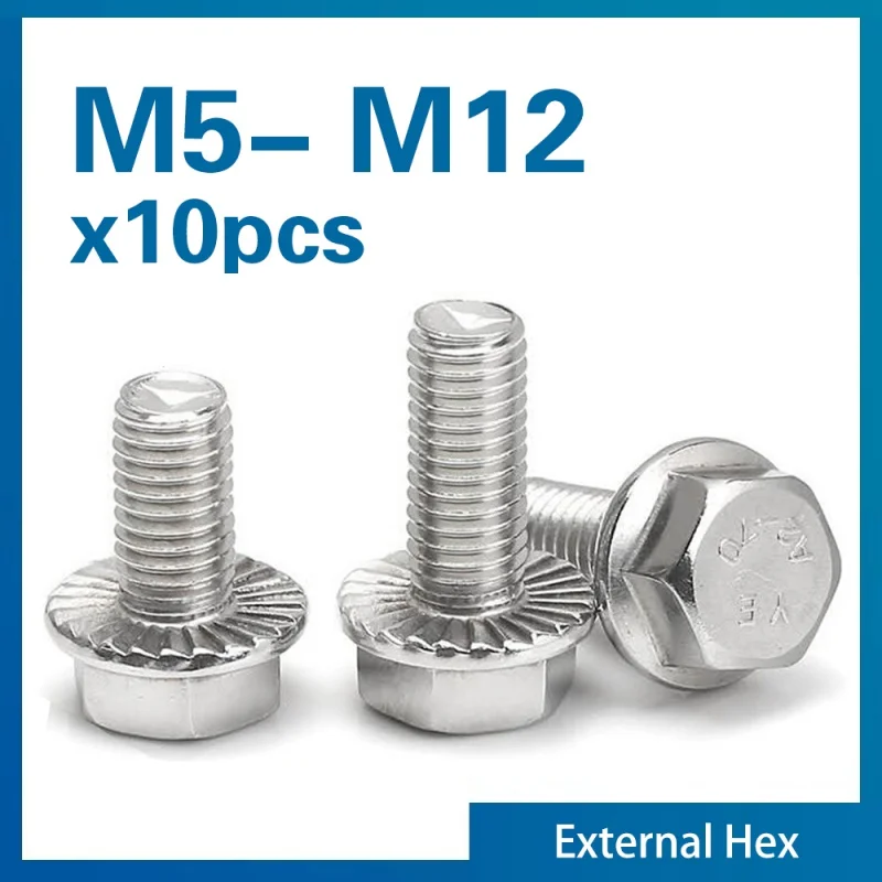 10pcs/lot A2-70 Stainless Steel Hexagon Head with Serrated Flange Cap Screw Hex Washer Head BoltM5 M6 M8 M10 M12
