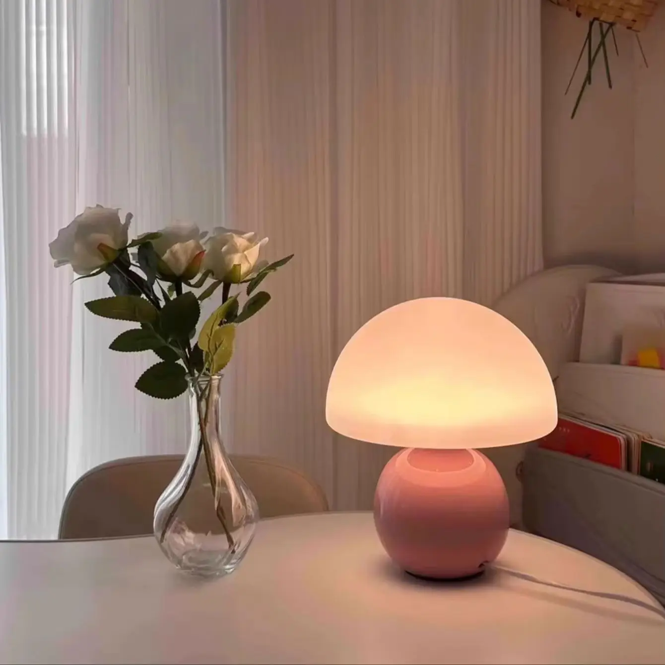 Mushroom small table lamp cream roller molded ceramic atmosphere lamp eye protection LED lamp bedroom headboard decoration light