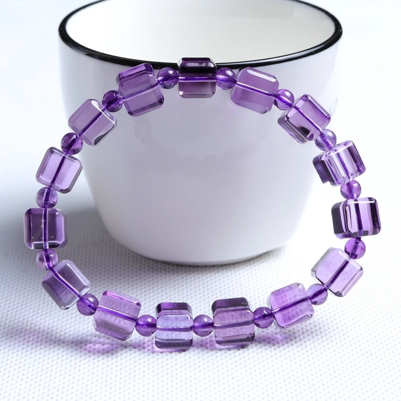 Natural Purple Amethyst Quartz Clear Cube Beads Bracelet 9mm Amethyst Women Men Stretch Bracelet Cube Amethyst Stone AAAAA