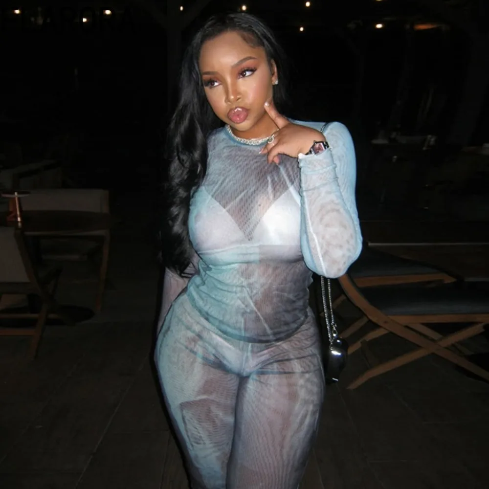 

FLARORA Sexy Printing Two Piece Sets Woman Round Neck Long Sleeve Slim Tops And Pants Outfits Fancy See Through Party Clubwear