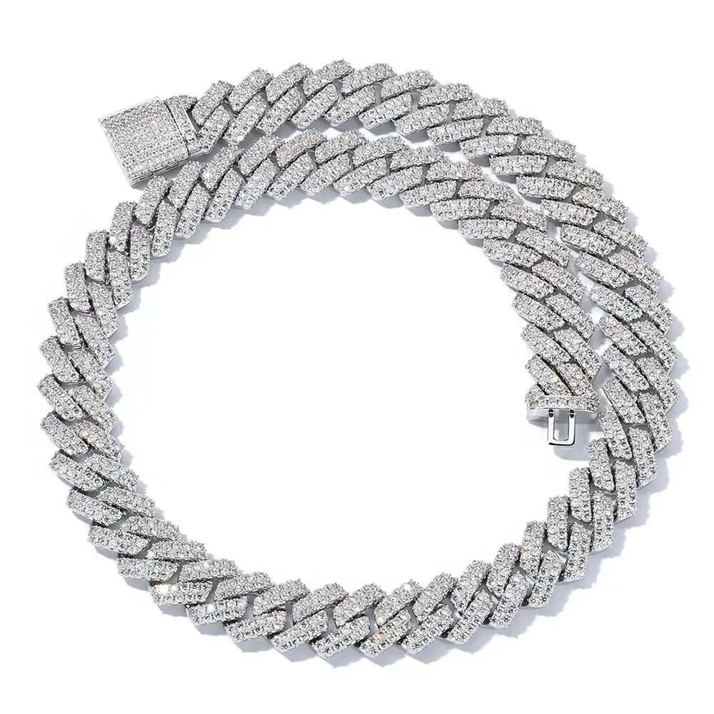 Luxury Hop Iced Moissanite Cuban Chain Mens 925 Silver Cuban Link 12mm Moissanite Cuban Link Chain.