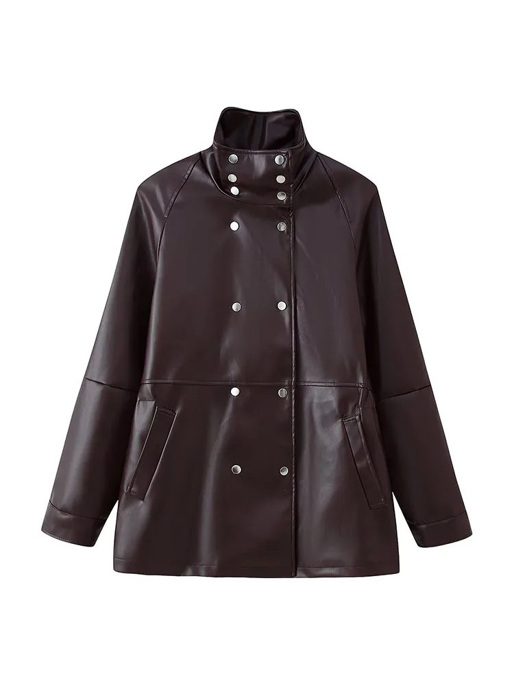 HH New Fashion Woman'S Double Breasted Stand Collar Long Sleeves Pocket Decoration Leather Jacket Female Slim Fit Leisure Coat