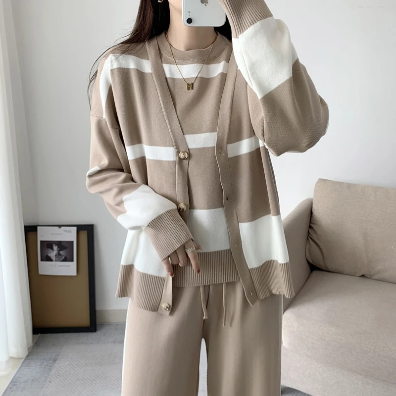 Autumn Winter Streetwear Three Piece Set Women Korean O-neck Sleeveless Vest+cardigan Coats+wide Leg Pants Stripes Knitted Sets