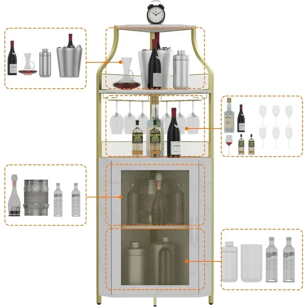 Armoire d'angle T1 pour bar à vin avec poignées amovibles, armoire de bar avec porte-verre, petit buffet et armoire de planche avec porte en maille