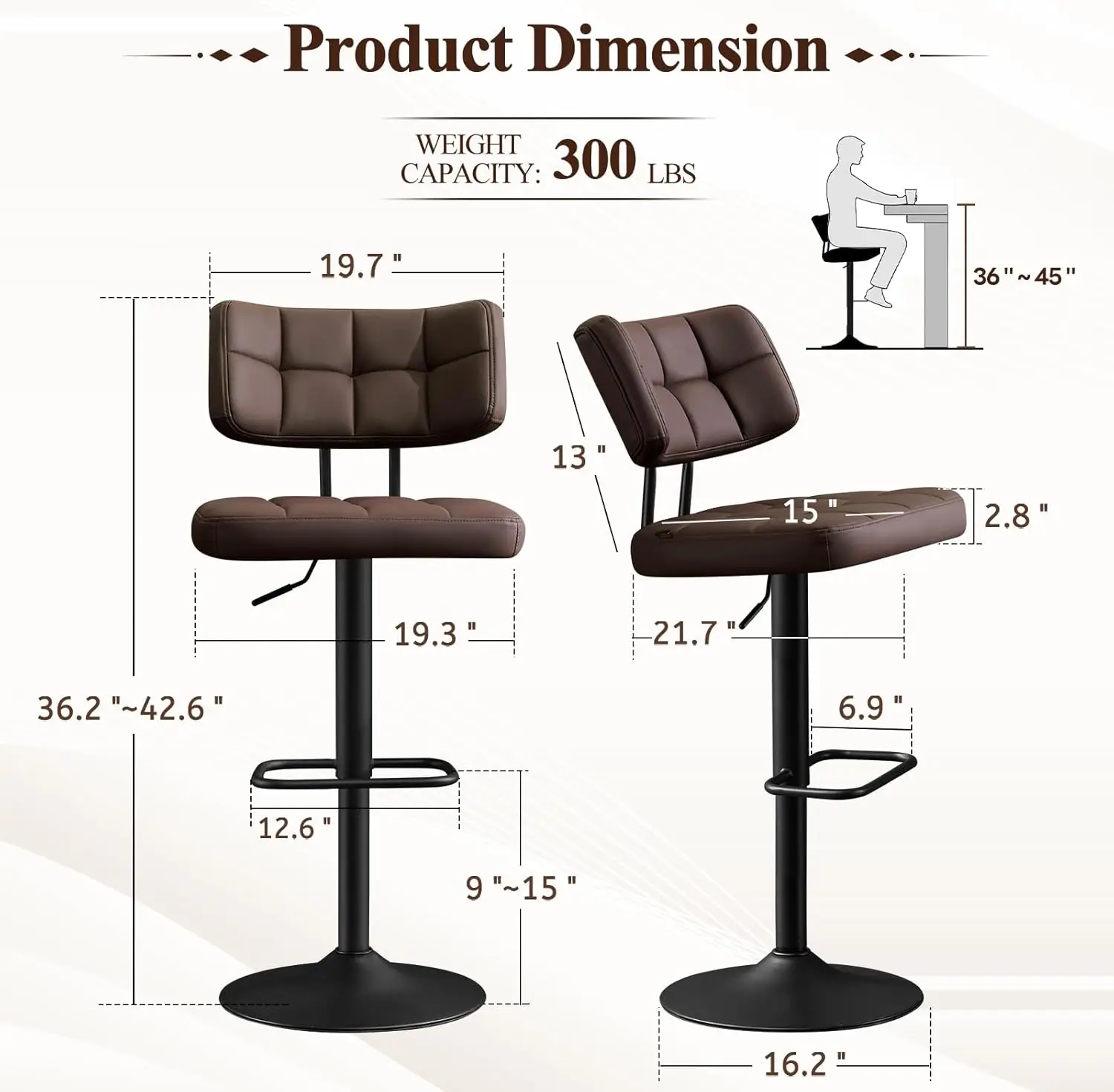 طقم مقاعد بار من الجلد الصناعي الحديث مكون من قطعتين، دوارة منجدة مع ظهر، ارتفاع عداد قابل للتعديل، بني #3