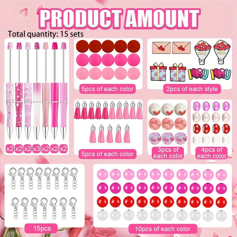 15 Set Valentine's Day Beadable Pens, DIY Bead Pens Bulk Plastic Bead Pens For DIY Present Students Teens School Office