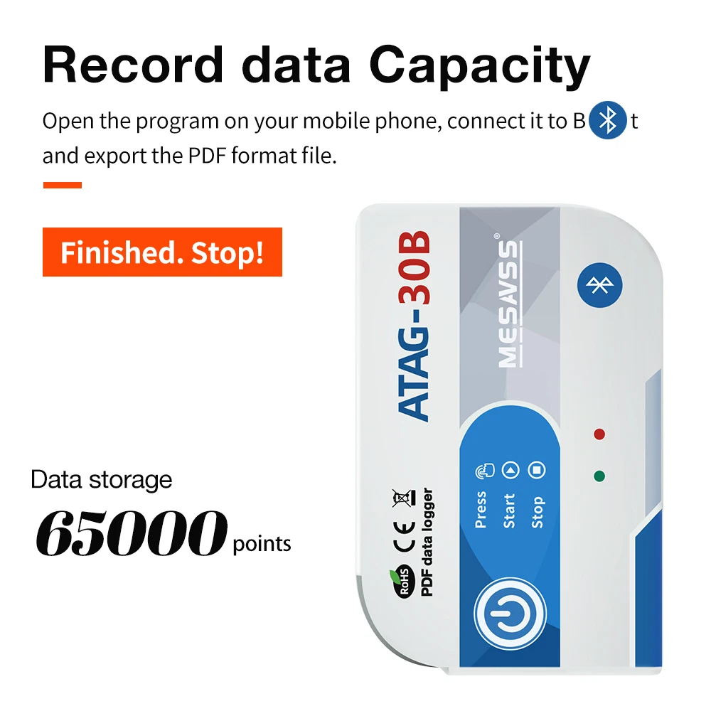 Enregistreur de données de température 2025USB 180 jours Bluetooth avec 65000 points jetables -30 ~ 70 ° Enregistreur de température C pour le transport de la chaîne du froid