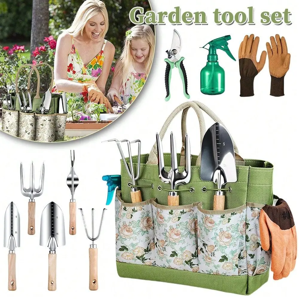 

Tools 9pcs Heavy Duty Gardening Hand Tools With Fashion And Durable Garden Tools Organizer Handbag, RustProof Garden Tool Set,