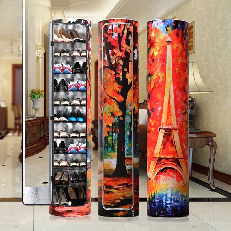 New oil painting series creative 360 degree rotating shoe cabinet, shoe rack, circular cylindrical drum for storing large