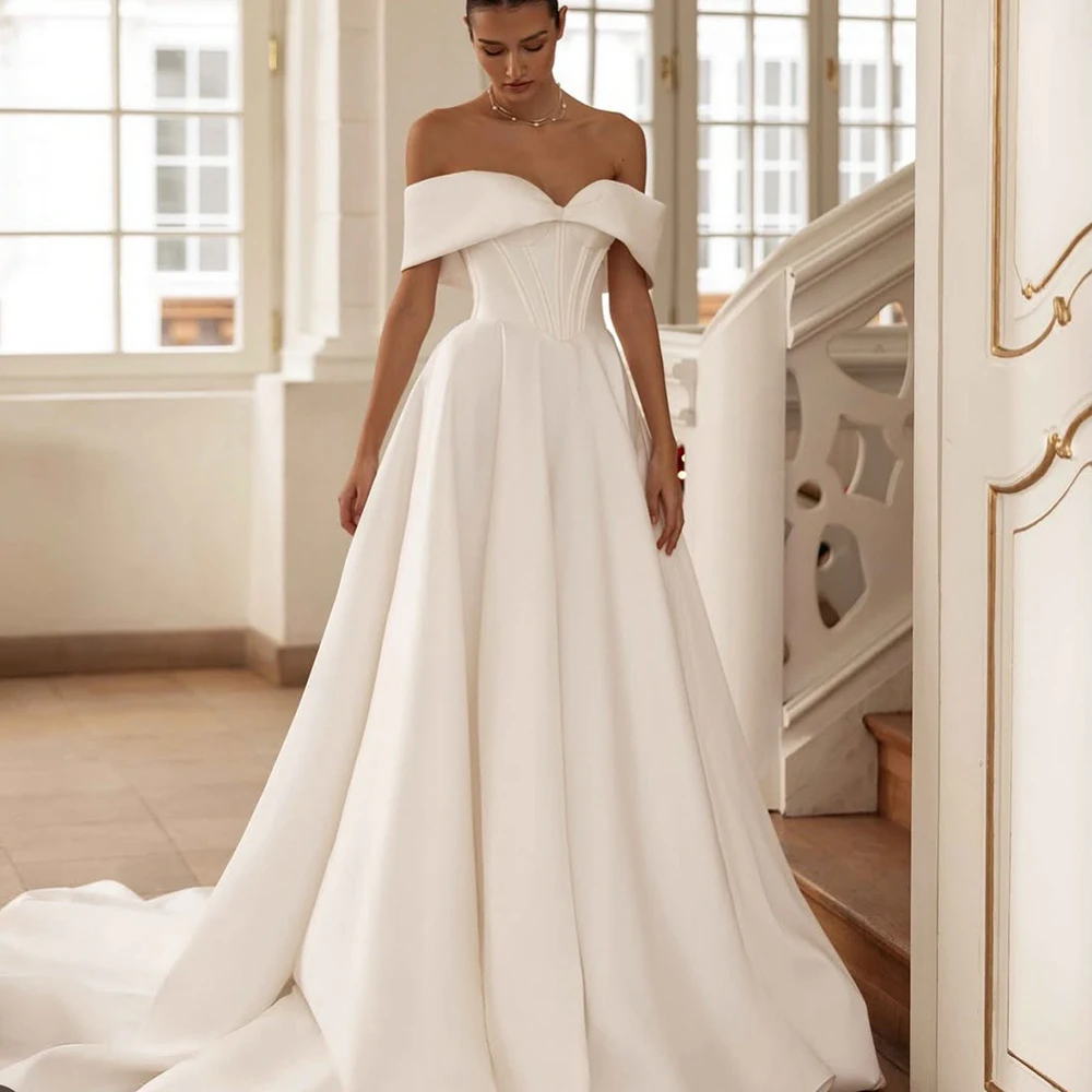 

LORIE Elegant Satin Wedding Dresses Off The Shoulder A-Line Bride Prom Gown Draped Floor-Length Bridal Gowns Customized