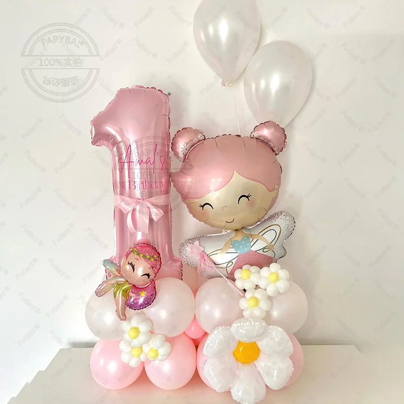 40 قطعة زهرة الكرتون الجنية 32 بوصة الوردي الألومنيوم نموذج بالون رقمي العمود حفلة عيد ميلاد الديكور لوازم الزفاف #1