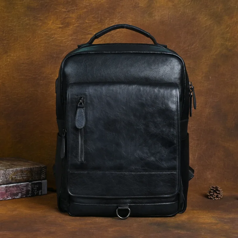 Handmade Genuine Leather Men Backpack Business Male 15.6 inch Laptop Bag Daypacks Large Capacity Travel Bags College School Bag