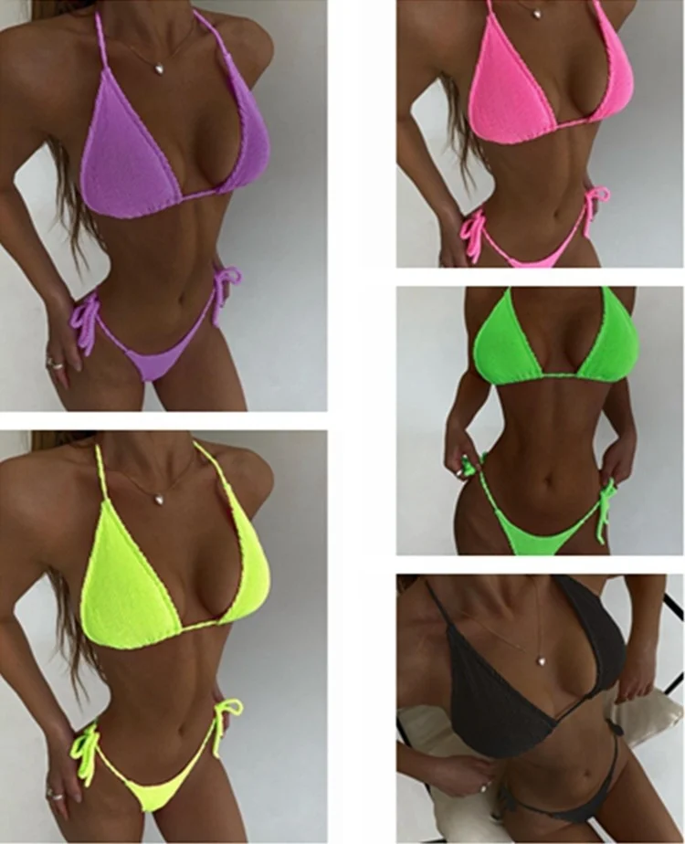 

2023 New Special Fabric Sexy Solid Color Lace-up Split Triangle Bag Bikini Swimsuit Women Bikini High Waist Bikinis Women