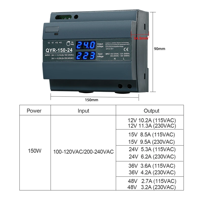 Imagem -06 - Fonte de Alimentação Comutada com Display Trilho Din 150w Dr150w Ac-dc 12v 15v 24v 36v 48v Smps Psu Qyr-150