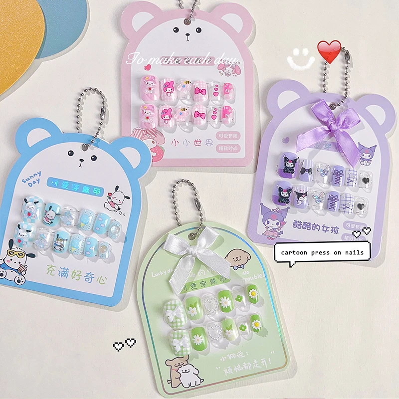 12Pcs Miniso Sanrio Series Fake Press on Nail For Child Pochacco Kuromi Design Nails Finished Nail Tips For Schoolgirl Gifts G^%