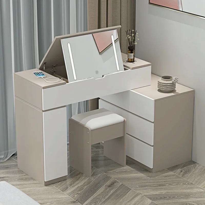 Modern Minimal Girls Dressing Table Sets Stool Design White Wood Makeup Table Mirror Storage Women Mesa De Maquillaje Furniture