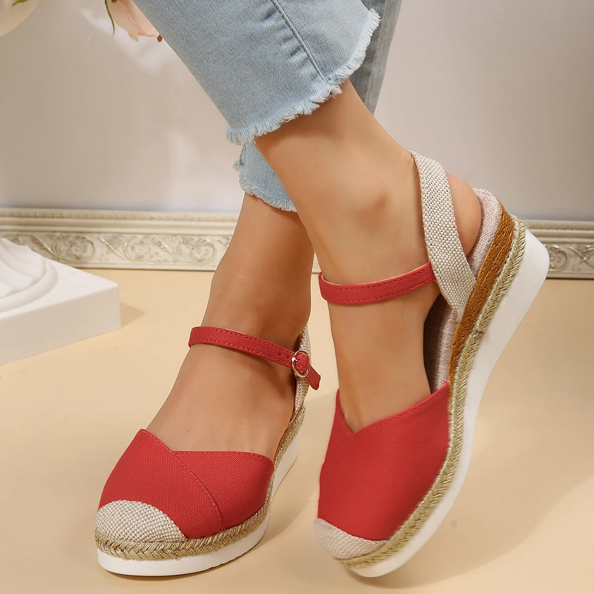 Cross-border foreign trade plus size color matching Baotou back empty sandals with light hemp rope buckle women\'s shoes with thi