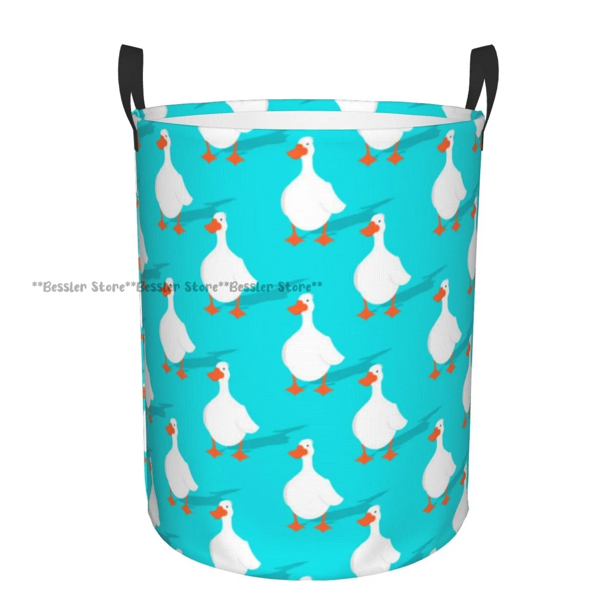 Folding Laundry Basket White Goose Pattern Round Storage Bin Collapsible Hamper Clothes Bucket Organizer