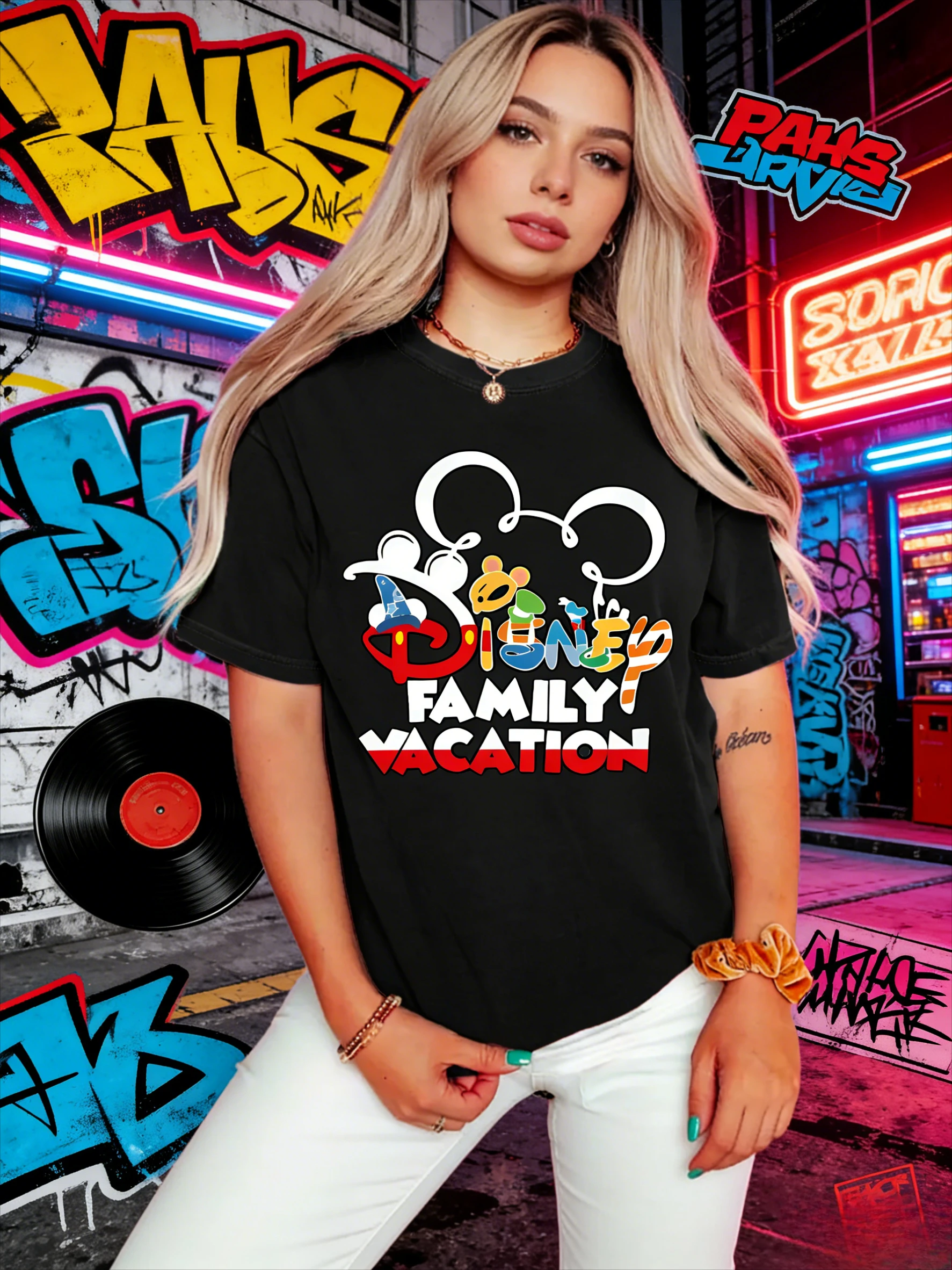 

Disney Family Vacation Series 100% Pure Cotton Printed T-shirts for Men and Women, Fashionable and Casual Summer Loose T-shirts