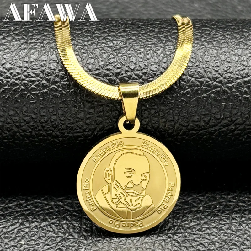 قلادة بادري بيو شل ميدالية للنساء والرجال من الفولاذ المقاوم للصدأ باللون الذهبي والفضي سلسلة مجوهرات مسيحية #2