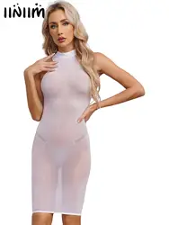 Womens See Though Lingerie Dress High Stretchy Glossy Bodycon Dress One Pieces Long Sleeve Sleeveless Tempting Sexy Clubwear